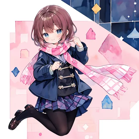 jumpping、(PastelColors:1.5)、(Cute illustration:1.5)、(watercolor paiting:1.2)、girl with、Brown hair、Braid hair、A smile、BREAK (dark-navy theme:1.3), (Wear a dark-navy duffel coat over school uniform and exposed only skirt-hem:1.4), (black and white plaid-patt...