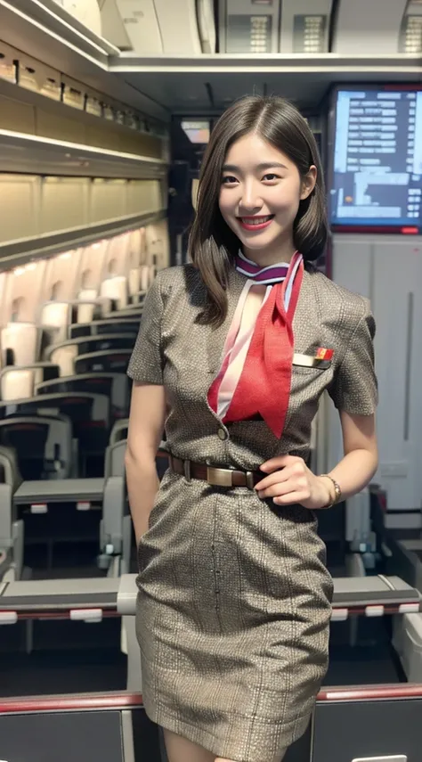 1Japanese woman, Solo, 30-years old, (Cabin Attendant Uniform:1.3), Smile, fluffy brown eyes, Beautiful face, Black short hair, (Detailed face), Detailed lips, Detailed face, Detailed chest, detail, Perfect body, Standing, Cowboy Shot, ((Background: in an ...