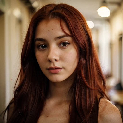 there is a woman with long hair and red hair, 18 anos, 1 8 anos, foto colorida, com olhos assombrados e cabelos cacheados, com cabelos ruivos cacheados, em torno de 1 9 anos, fotografia de baixa qualidade, foto colorida, Cor vermelha, pele vermelha brilhan...