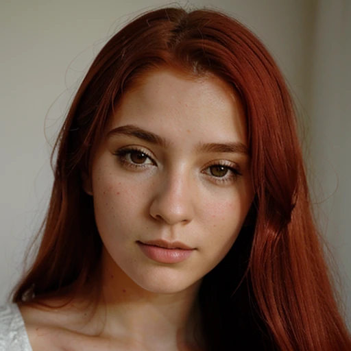 there is a woman with long hair and red hair, 18 anos, 1 8 anos, foto colorida, com olhos assombrados e cabelos cacheados, com cabelos ruivos cacheados, em torno de 1 9 anos, fotografia de baixa qualidade, foto colorida, Cor vermelha, pele vermelha brilhan...