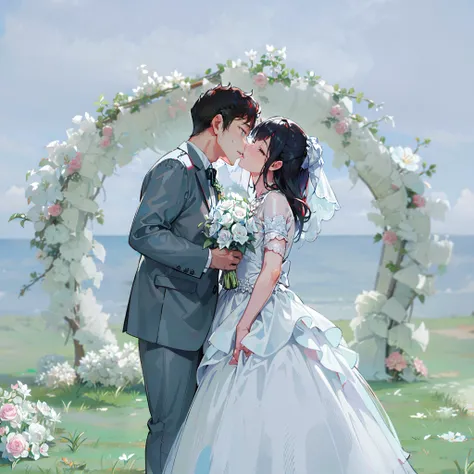 Bride and groom kissing in front of flower arch, wedding photo, Background with, Romantic, luxurious wedding, kissing together cutely, Weddings, Shot with Canon EOA 6 D Mark II, couple kissing, trailer, lovely kiss, professional wedding photography, 🤬 🤮 💕 ...