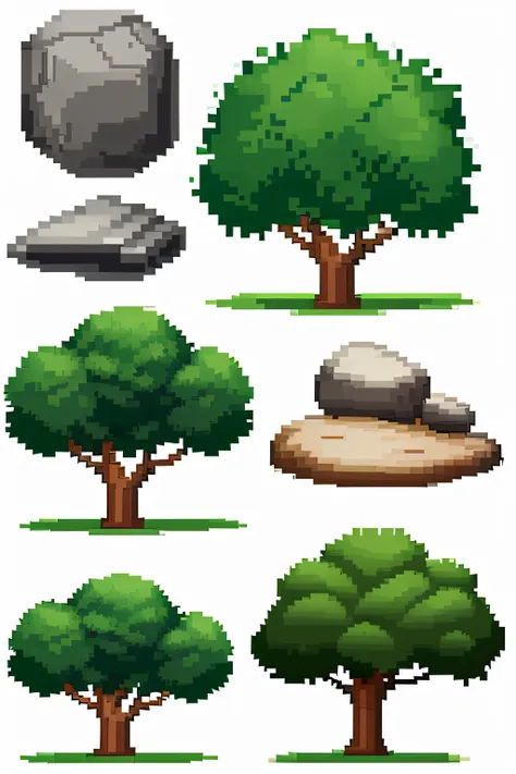 Pixel game asset sprite sheet, with tree, rocks, bush, side scroll, no shadow