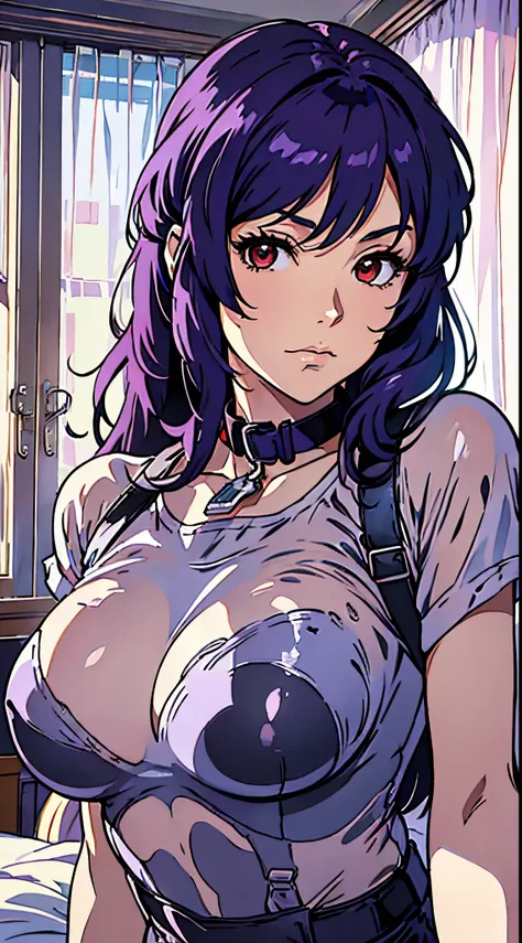 Suko Kusanagi, Purple colored hair, red eyes,Wearing a transparent black bodysuit，anime style beautiful woman, lie on bed， (tmasterpiece, Best quality:1.2), cow boy shooting, Alone, 1 busty girl, Highest resolution，distinct_Image of a）Best quality， maam， t...