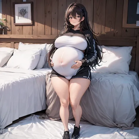 Pregnant, huge belly, huge breasts, thick thighs, very thight clothes, best quality, full body