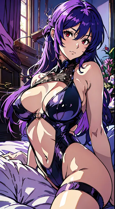 Suko Kusanagi, Purple colored hair, red eyes,Wearing a transparent black bodysuit，anime style beautiful woman, lie on bed， (tmasterpiece, Best quality:1.2), cow boy shooting, Alone, 1 busty girl, Highest resolution，distinct_Image of a）Best quality， maam， t...