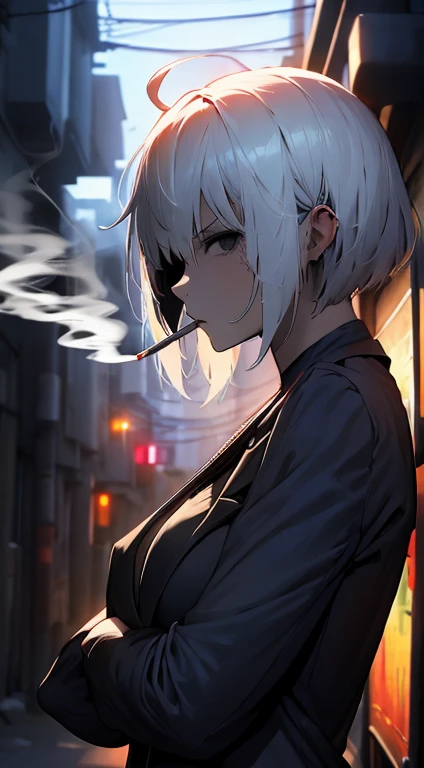 (highres:1.2),ultra-detailed,adult female,short white hair,black eyes,ahoge,black suit,crossed arms,eyepatch,smoking,night sky i...