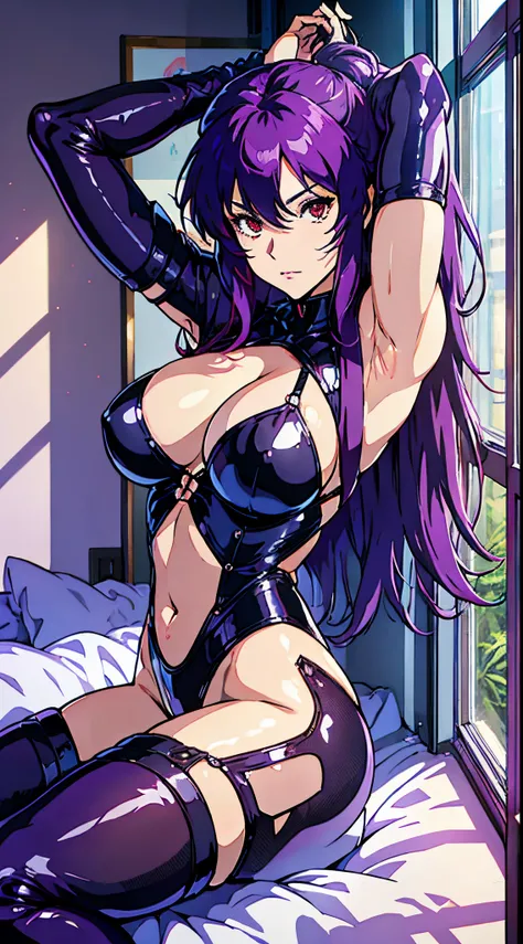 Suko Kusanagi, Purple colored hair, red eyes,Wearing a transparent black bodysuit，anime style beautiful woman, lie on bed， (tmasterpiece, Best quality:1.2), cow boy shooting, Alone, 1 busty girl, Highest resolution，distinct_Image of a）Best quality， maam， t...