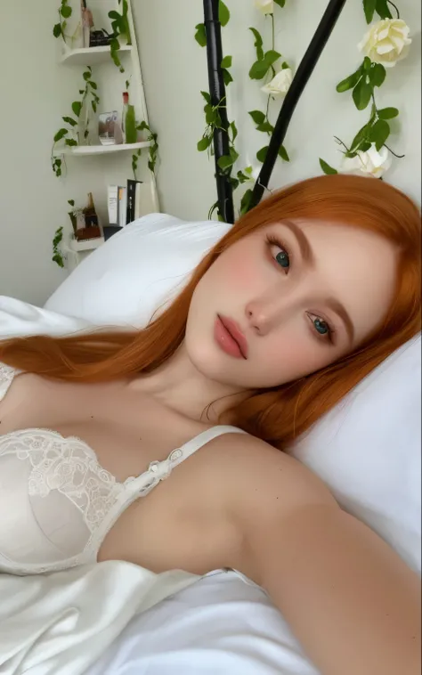 there is a woman lying on the bed in a white bra, soft flawless pale skin, pale glowing skin, natural soft pale skin, smooth pale skin, soft pale white skin, Sophie Turner, with pale skin, Ellie Bamber Fada, Amouranth, pia sadie, com cabelos ruivos e olhos...