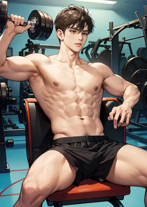 1boy, (masutepiece, Best Quality), 1man, very muscular, Short-cut hair, Brown-eyed, Convoluted, Whole human body, the upper body is naked, looking at the spectator，to stand，fitness，Gym Machine, No person, He is doing sit-ups and looking at, low angles