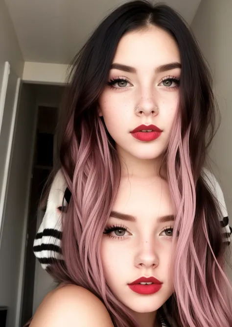 Draw a eighteen year old girl with pale skin, a roman shaped nose, brown eyes, heavy eyeballs, mascara and long eyelashes, light freckles, black and cherry red Striped hair in a wolf cut style with pink average sized lips that look a little cracked