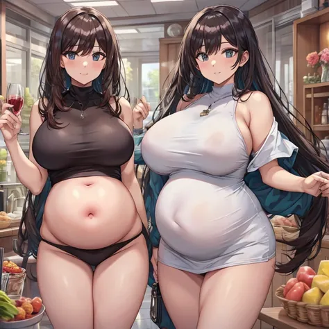 Pregnant, huge belly, huge breasts, thick thighs, very thight clothes, best quality, full body