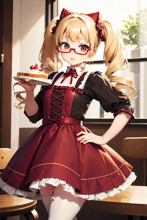 promo photo, The place is a coffee shop, 1 girl, 16-year-old face, Waitress carrying cake to table, Red-headed twin-tailed, Gentle face, Gothic Lolita half costume and maid costume with strawberry image, Clothes based on white,,(((Petite girl with blonde t...