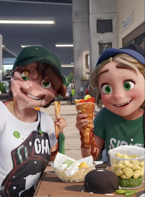 2 girls with their food infront of them. the other one is wearing a white shirt with cap while the other one is wearing a green shirt