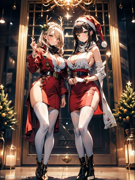 ((3 girls group photo:1.37)), (Scine of Xmas events in Home party:1.3), Nordic, ((matured girl wearing Sexy Santa clause costume with far:1.3, red dress with green tie:1.2, reindeer horns head band, holding a present box in both hands to give viewers:1.2, ...