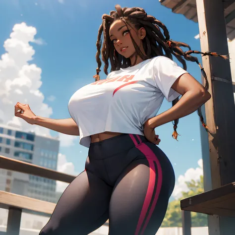 dark-skinned female, gymnase., poitrine, gros seins, voluptueux, thick thighs, Oppai, hanches larges, Sinueuse, gros cul, cul massif, dreadlocks, Pantalon de yoga, t-shirt blanc