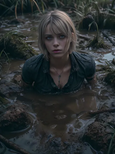 (Best Quality,hight resolution,Masterpiece, Overhead view:1.20),Ultra-detailed,The woman,Wide flares on jeans,sickly,drowning in a swamp,standingn:1.2, fetish, Posing, overcomes shame:1.3, (at the bottom of a mud pit:1.3),gloomy ecstasy,fetish,dark gloomy ...