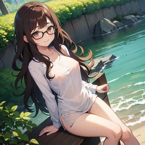 1girl, :3 smile, relaxed, curly long brown hair, brown low frame glasses, bottomless, blouse, erect nipples, water.