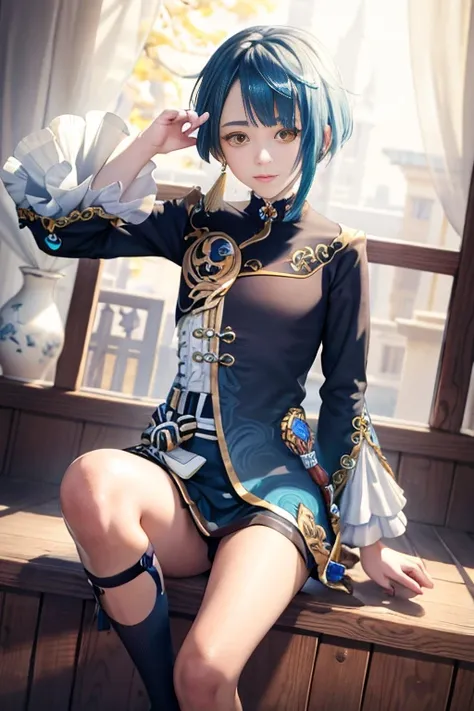 masterpiece, best quality,xingqiu (genshin impact), 1boy, male focus, solo, jewelry, blue hair, earrings, frilled sleeves, yello...