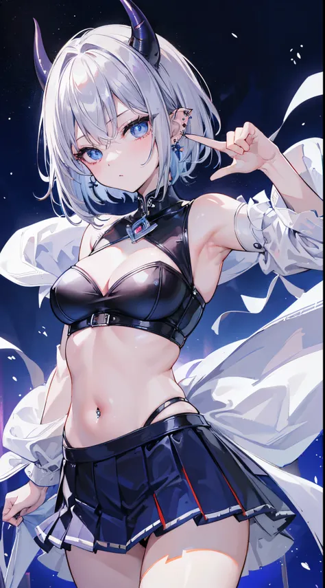 (8K、Top image quality、top-quality、​masterpiece)、1 girl in、Dark silver hair、short hair devil horns、blue eyess、Pointed ears、piercings、Moderately breasts、leotard、mini pleated skirt、cowboy  shot、natta、background of night view、POV