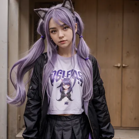 1girl, cute girl, wolf girl, wolf ears, light purple hair, long hair, twintail, black jacket, purple T-shirt, black skirt