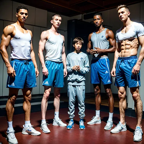 Four very very tall guys strong very fit athletes in blue shorts and white trucks looking bad and ready to fight a very very short slim 25yo guy in a dirty grey tracksuit, at locker