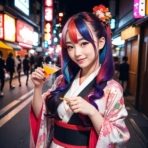 kimono, 20, cocktail, hand pose, excited, multi colored hair, hair extenstions, streets of tokyo