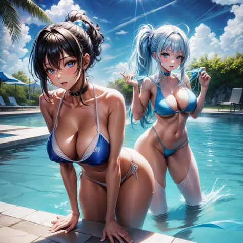 （8K ，hyper-detailing，ultra real photo，Best masterpiece，natural，Perfect artwork，Perfect female body），Two cute busty girls ，（large tities），clear blue swimming pool，swim ring，Water slides，Cute water doll，Virtual Showcase，sexy cool bikini，Stylish hairstyle，Cut...