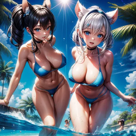 （8K ，hyper-detailing，ultra real photo，Best masterpiece，natural，Perfect artwork，Perfect female body），Two cute busty girls ，（Big tits），clear blue swimming pool，swim ring，Water slides，Cute water doll，Virtual Showcase，sexy cool bikini，Stylish hairstyle，Cute se...