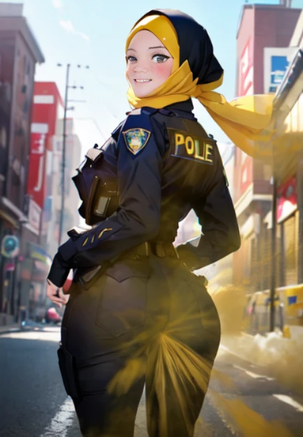 ((velocity)),Yellow smoke,Attacked by farts, (((Women farting))),(girl farting while talk to another officer)),smiled,blushing,velocity,(Yellow smoke is rising))(a female police), (wearing a police uniform),(standing facing the screen),(her butt facing the...