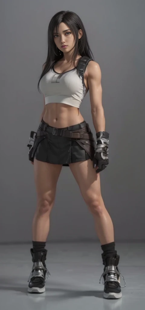 (best quality,ultra-detalhado),(Realistic:1.37),Tifa Lockhart, Rosto bonito e detalhado, maquiagem preta nos olhos, expression serious, textura ultra realista, rosto delicado, corpo delicado, Fit physique, usando batom e brilho labial