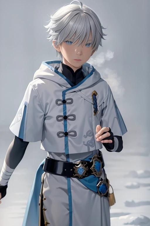 masterpiece, best quality,snow,chongyun (genshin impact), 1boy, mature male, solo, blue eyes, blue hair, gloves, ahoge, chinese clothes, short hair, (grey background:1.4),(kbxll:0.6)