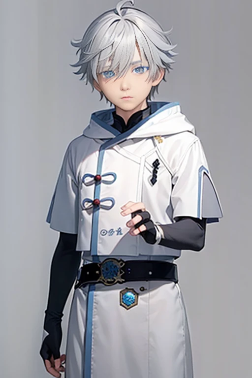 masterpiece, best quality,snow,chongyun (genshin impact), 1boy, mature male, solo, blue eyes, blue hair, gloves, ahoge, chinese clothes, short hair, (grey background:1.4),(kbxll:0.6)