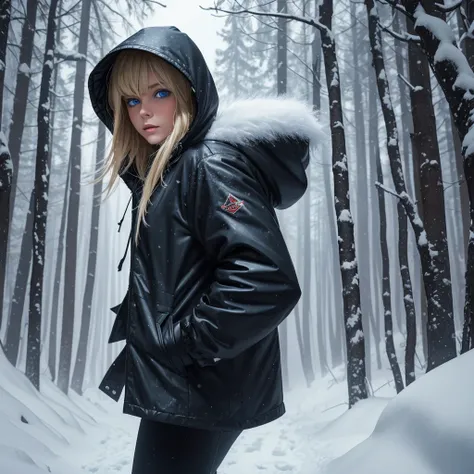 Classic horror painting. Blonde woman with angular face and piercing blue eyes, wearing an old-style hooded parka, running toward the viewer through a snow storm in a birch forest at night. BREAK.  One monstrous shaggy black cat with burning blue eyes purs...