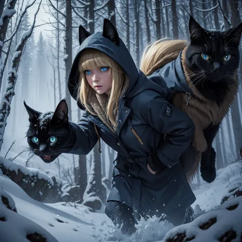 Classic horror painting. Blonde woman with angular face and piercing blue eyes, wearing an old-style hooded parka, running toward the viewer through a snow storm in a birch forest at night. BREAK.  One monstrous shaggy black cat with burning blue eyes purs...