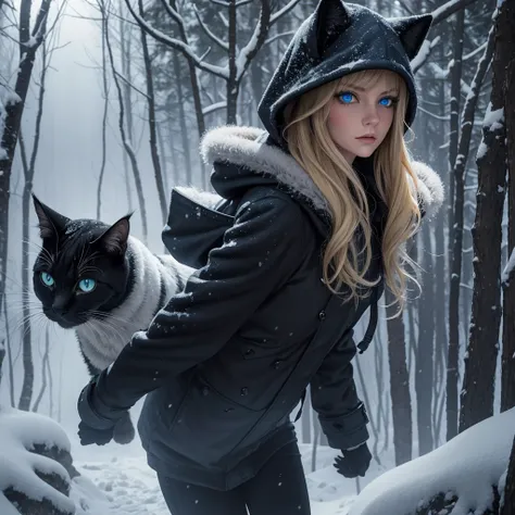 Classic horror painting. Blonde woman with angular face and piercing blue eyes, wearing an old-style hooded parka, running toward the viewer through a snow storm in a birch forest at night. BREAK.  One monstrous shaggy black cat with burning blue eyes purs...