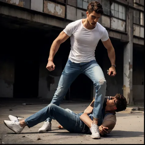 A very very tall very fit guy in jeans and white shirt fighting and walking over a very very short thin 25yo guy laying down, at abandoned street