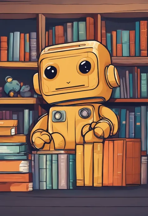 A photo of BlinkyBot carefully rearranging the familys book collection on the shelf,original,A toy, named “BlinkyBot,” is an irresistibly cute, AI-powered robot, no larger than a teddy bear. Its soft, plush exterior, big, sparkling eyes, and a heartwarming...