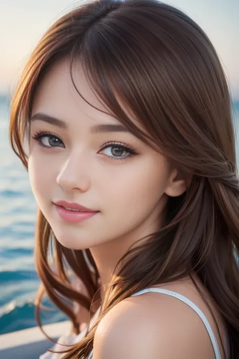 best qualtiy, ​masterpiece, (Photorealistic:1.2), 1 girl, ligh brown hair, Brown eyes, Detailed Face, beautidful eyes,smile face,slightly on the side,Sea Background