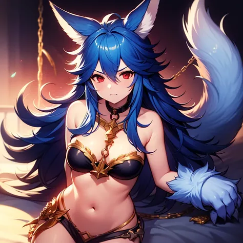 1girl, animal_ear_fluff, animal_ears, blue_hair, bound, chain, commentary_request, fenrir_(shingeki_no_bahamut), ganesagi, granblue_fantasy, highres, long_hair, red_eyes, solo, tied_up_(nonsexual), wolf_ears