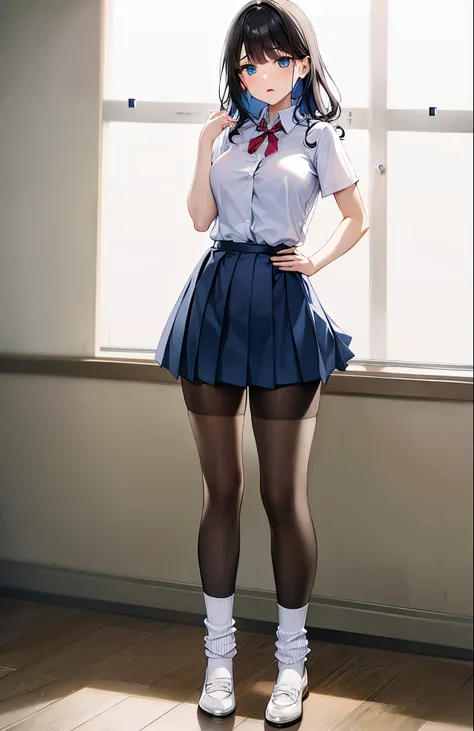 girl, detailed eyes, medium hair,standing, classroom, masterpiece, best quality, mature male, dress shirt, short sleeves, full body, ((((loose socks)))), {{{{{white socks}}}}}, nervous, half-closed eyes, {{{{{black pantyhose}}}}}}, socks over pantyhose, l...