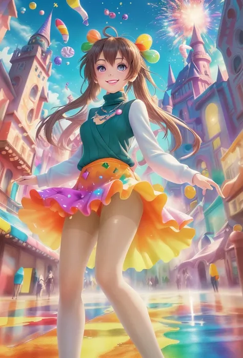 Makoto Shinkai art,(masterpiece,best quality:1.3),highly detailed,extremely detailed,8k hd,fantasy,shiny,beautiful,dreamy,candyland,candy clothing,rainbow,cookie,chocolate bar,gradients,dripping,glaze,beads, (hyperrealistic:0.2),(bloom:0.2),(1girl:1.2),ful...