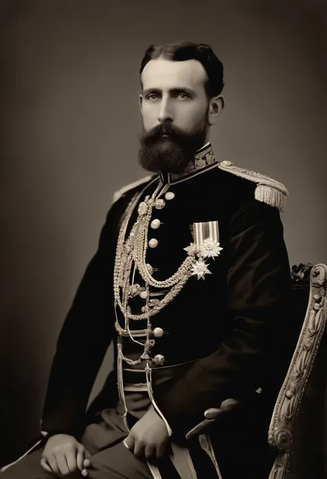 A Prussian monarch posing for a portrait, medals, ribbons, eliezer yudkowsky, gal yosef, inspired by Pedro Álvarez Castelló, elias chatzoudis, edouard caplain, photo of a man, 1890 photo, 1 8 8 0 s photograph, inspired by Elias Goldberg, vittorio matteo co...