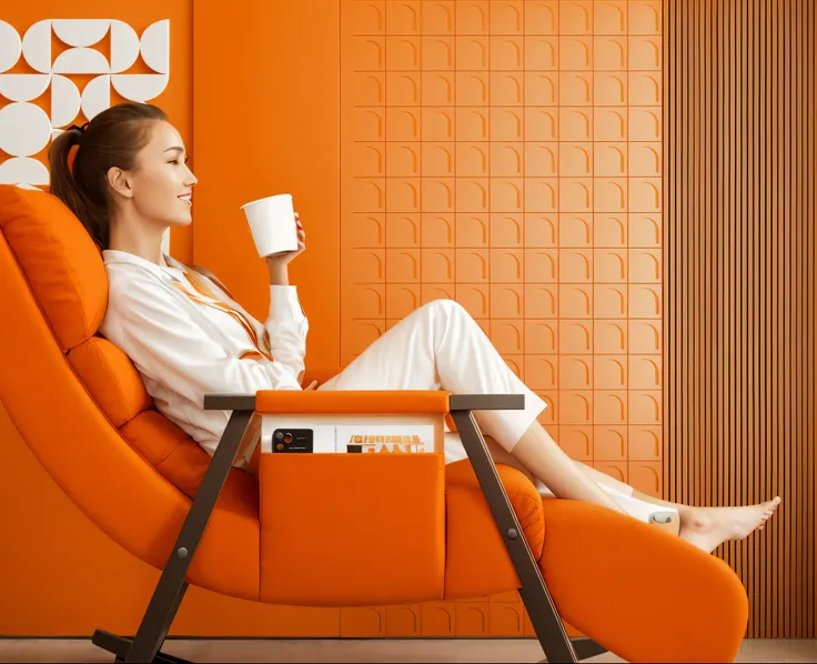 sitting on orange chair，Woman holding a cup of coffee in her hand, Portrait shooting, relaxing on a modern couch, in a comfortable chair, with retro sci fi furniture, Sitting in a designer chair, easygoing, sitting on a rocking chair, sitting relax and hap...