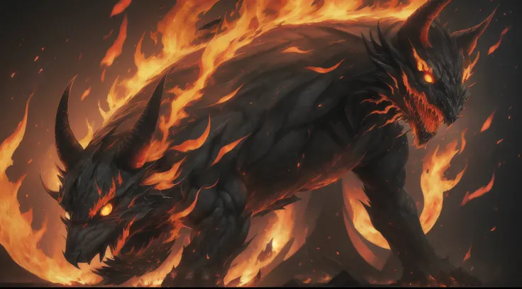 A black, tattered demon with glowing, empty eyes, curved claws and a distorted, greedy grin. Its skin, marked by fire, looks as if it is constantly on fire. --auto --s2