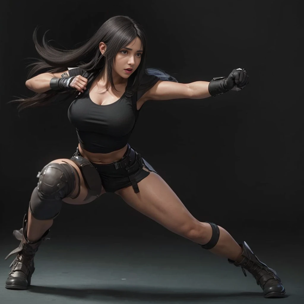 (best quality,ultra-detalhado),(Realistic:1.37),Tifa Lockhart, Rosto bonito e detalhado, maquiagem preta nos olhos, expression serious, textura ultra realista, rosto delicado, corpo delicado, Fit physique, usando batom e brilho labial