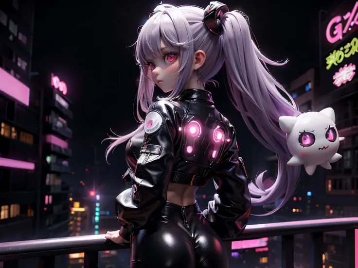 (Next to me is a girl with a cute oval-shaped white monster on her head.:1.2)、bright purple twintail hair、Red eyes、Black leather suit、a black skirt、Black pants、Rooftop of neon-lit cyberpunk futuristic city、deep in the night、Jumping、Aerial view from the bac...