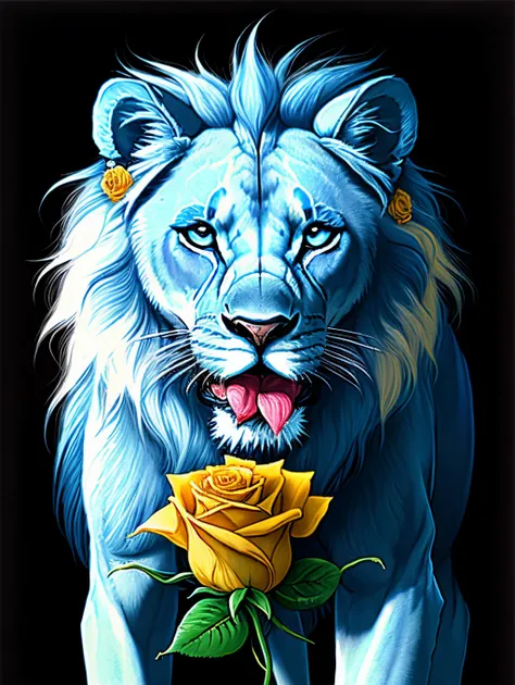 A blue lion with a yellow rose in its mouth