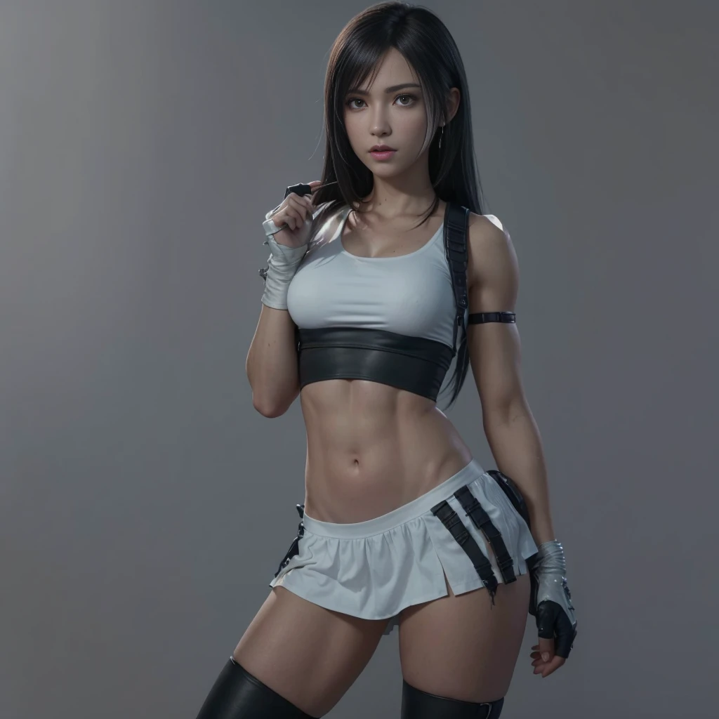 (best quality,ultra-detalhado),(Realistic:1.37),Tifa Lockhart, Rosto bonito e detalhado, maquiagem preta nos olhos, angry serious expression, textura ultra realista, rosto delicado, corpo delicado, Fit physique, usando batom e brilho labial