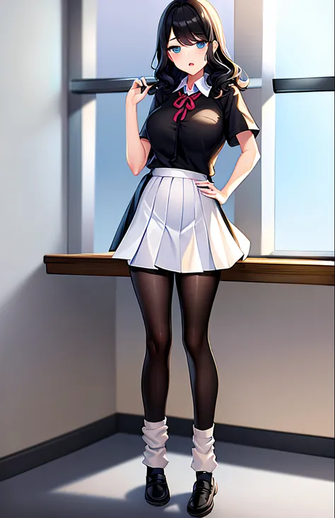 girl, detailed eyes, medium hair,standing, classroom, masterpiece, best quality, mature male, dress shirt, short sleeves, full body,  ((((loose socks)))), {{{{{white socks}}}}}, nervous, half-closed eyes, ((((black pantyhose)))), ((socks over pantyhose)), ...