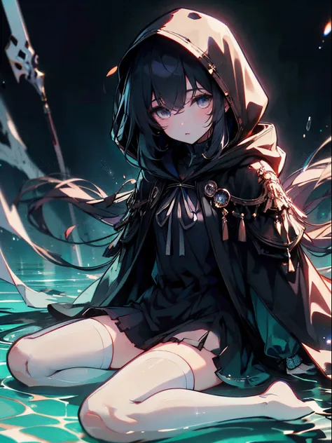 (Best quality, tmasterpiece:1.4), Extremely detailed 8K unified CG wallpaper, A high resolution, (style of anime, 2d ）cabelos preto e longos，female student，White eyes，Black-purple cloak，Wearing a hood，sitting on water，White stockings，floating aqua droplets...